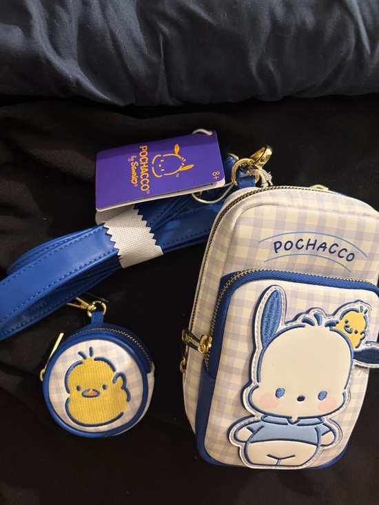 Loungefly Handbags - Loungefly Pochacco Blue and Cream Gingham Crossbody with Coin Pouch